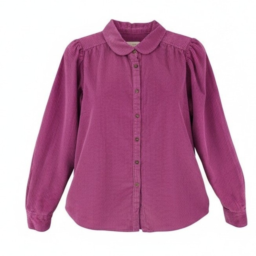 LOFT Corduroy Button Up Shirt Sm Magenta Purplish Pink Long Sleeve Puff Shoulder